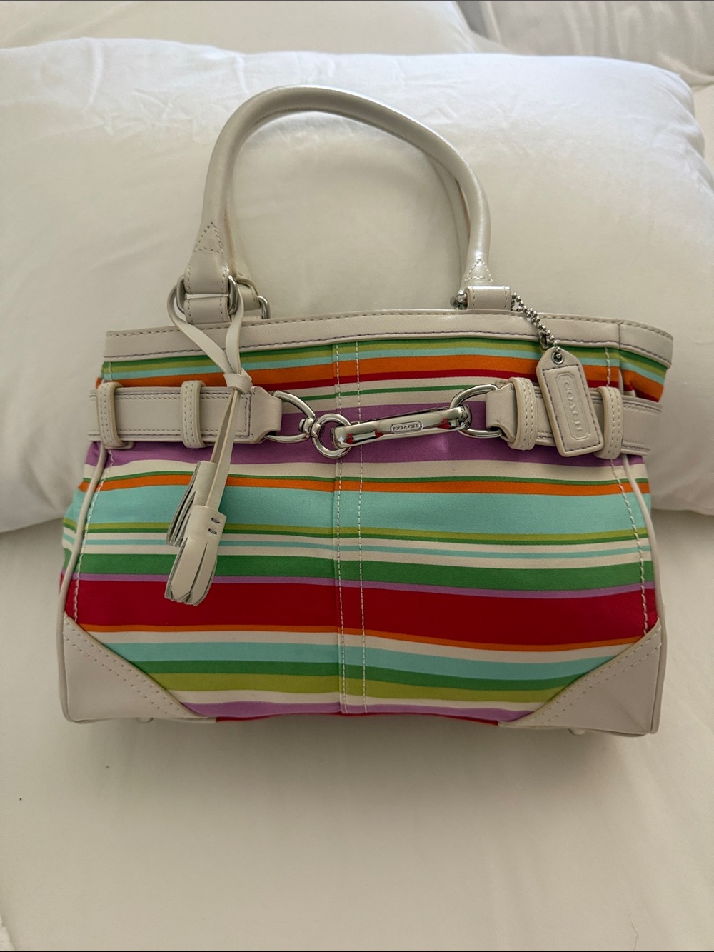 COACH VINTAGE F10704 HAMPTONMulticolor Striped Satchel with White Leather Trim